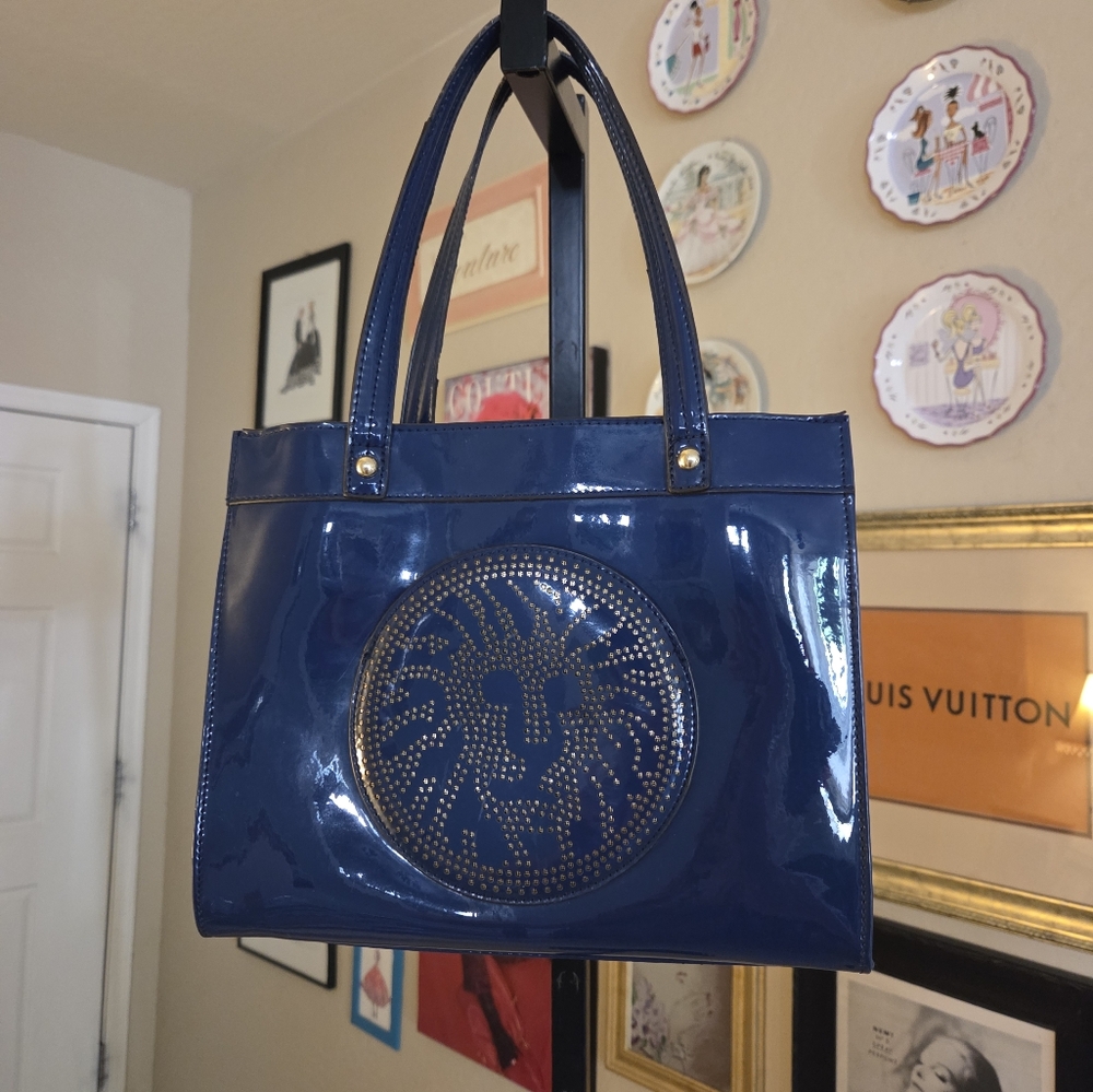 Anne Klein Vintage Patent Blue Gold Lion Head Logo Satchel